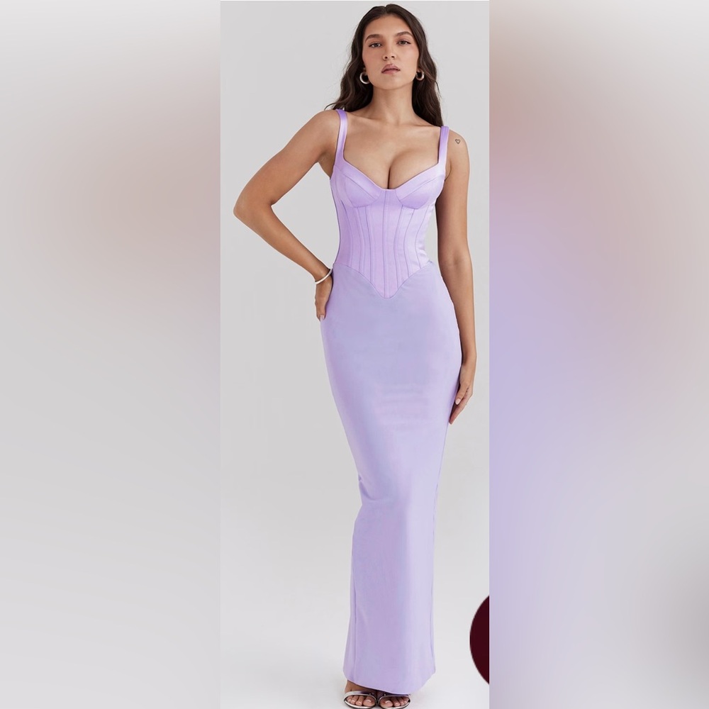 House of CB. 
ORCHID SATIN CORSET MAXI DRESS